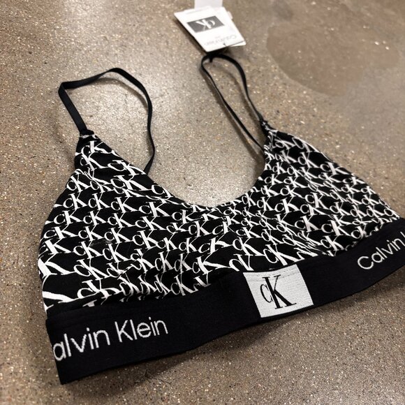 NWT Calvin Klein Women's 1996 Cotton Unlined Bralette in Warped Logo Print Black - Picture 3 of 6